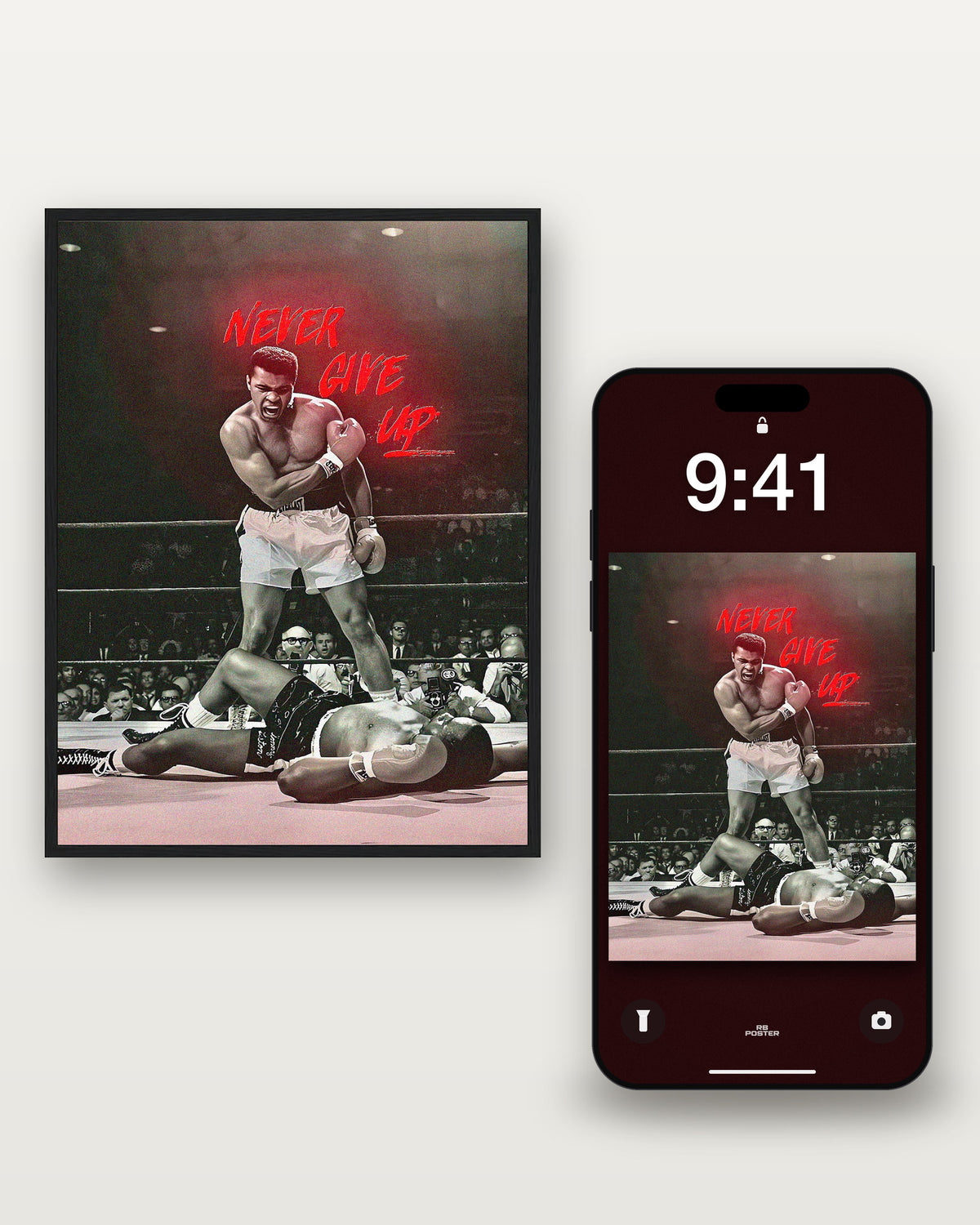NEVER GIVE UP · el wallpaper junto al póster