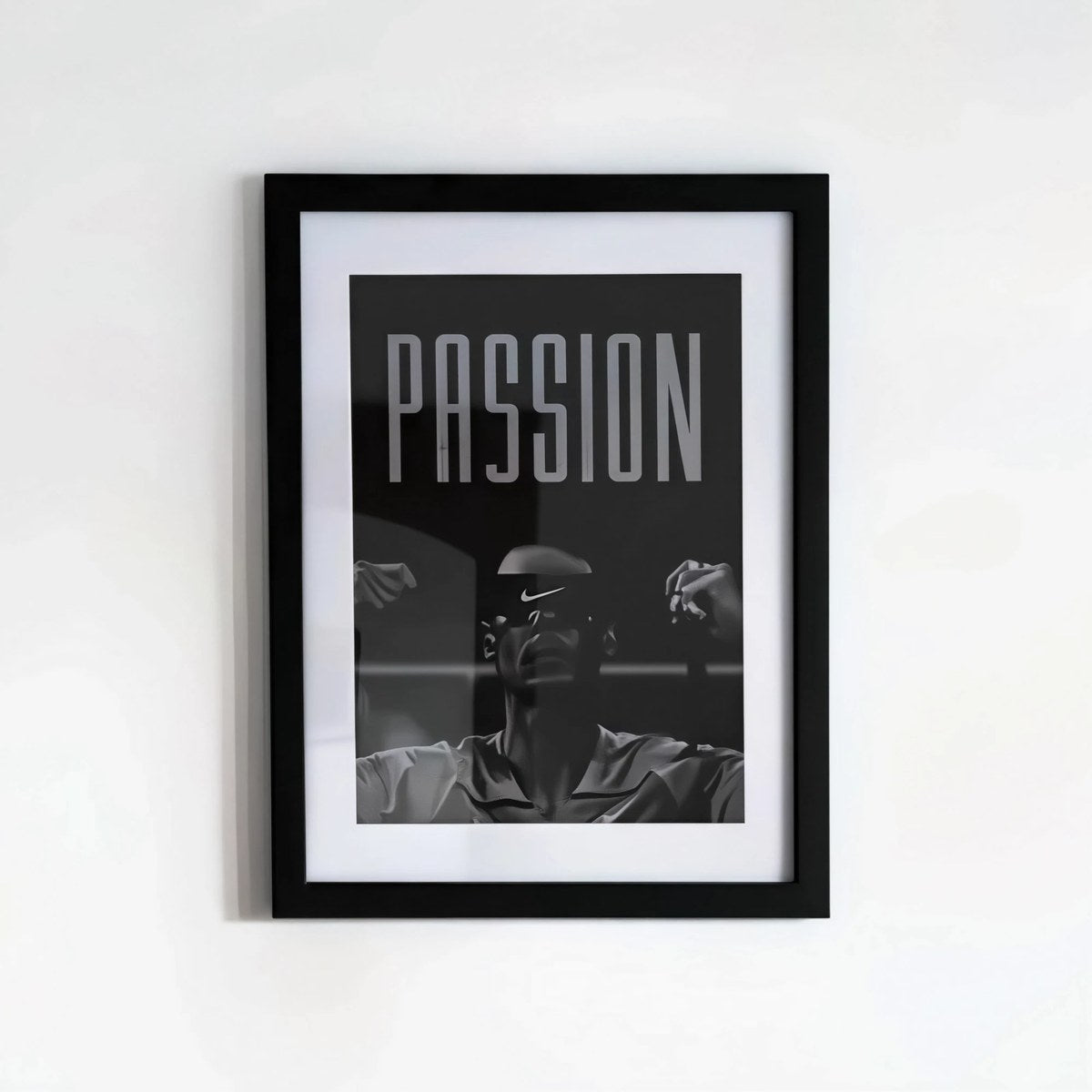 Póster PASSION con marco negro, colgado en una pared blanca